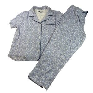 Karen Neuberger Pajama Set L/G Blue White‎ Pattern Short Sleeve Top Pants